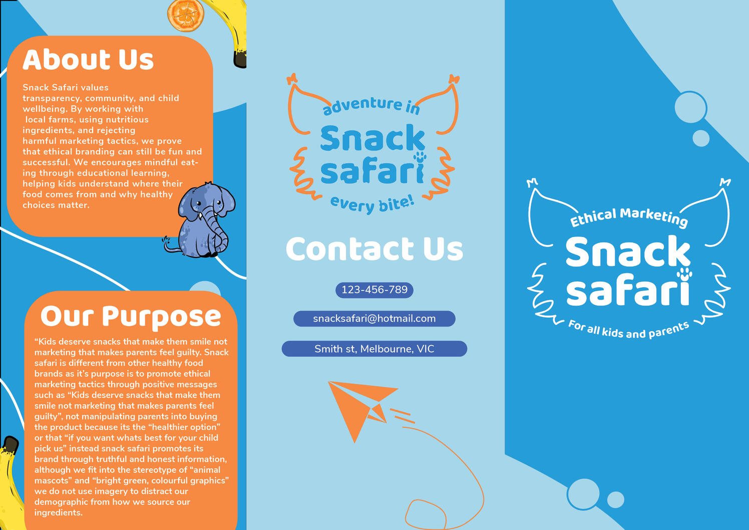 I created Snack Safari, a healthy children’s snack brand featuring snacks shaped like safari animals. My goal was to make healthy eating more enjoyable for children while designing the brand identity, logo and promotional brochure materials.